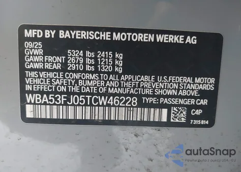2026 BMW 530I xDrive z USA, uszkodzony, nr VIN WBA53FJ05TCW46228